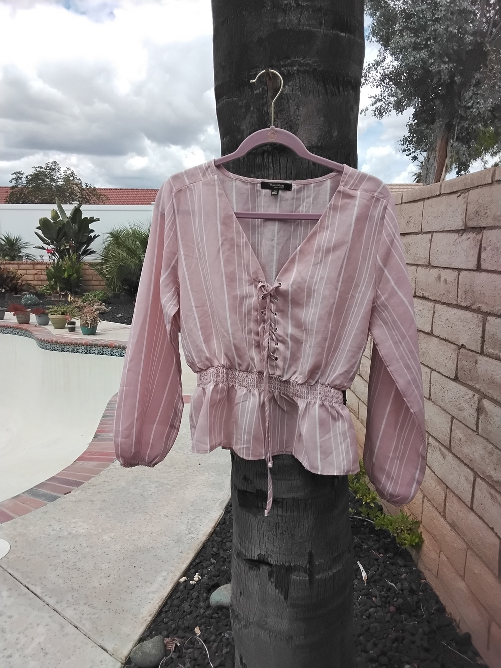 Tribal Dusty Pink and White Striped Lace-Up Peplum Blouse
